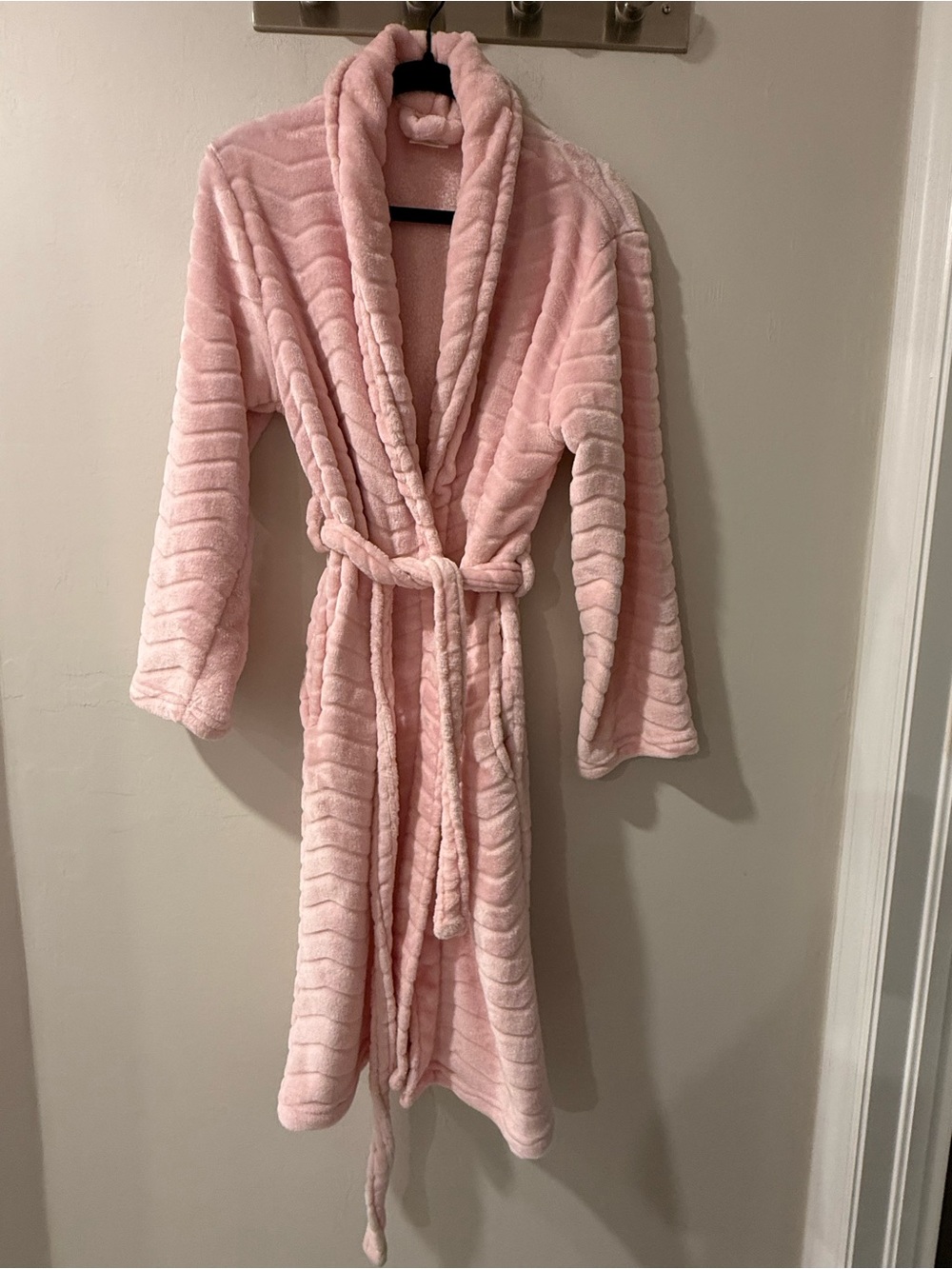 Pink Plush Chevron Bathrobe Belted Shawl Collar